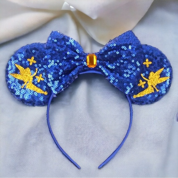 New Tinkerbell Headband w/ Blue Sequin Bow & Gold Gemstone - Disney Inspired! - Picture 4 of 6